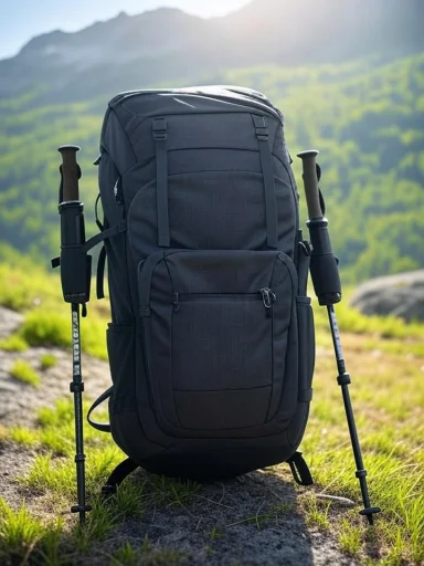 A black hiking backpack with trekking poles, set outdoors in a scenic mountainous landscape.