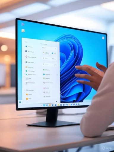 A person uses a computer with a Windows 11 desktop interface in a modern workspace.
