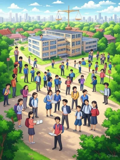 Students gathering outside a school building, chatting and reading books on a bright, green campus.