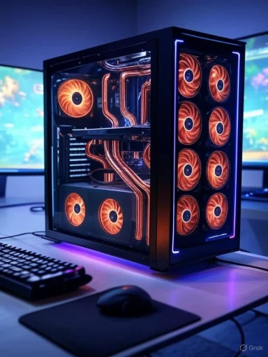 A high-end gaming or custom PC with illuminated cooling fans and liquid cooling loop, set up in a modern workspace. A high-end gaming or custom PC with illuminated cooling fans and liquid cooling loop, set up in a modern workspace.