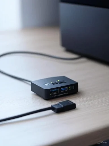 A USB-C hub connected to a computer, featuring multiple ports including USB 3.0 and USB-C, on a wooden desk. A USB-C hub connected to a computer, featuring multiple ports including USB 3.0 and USB-C, on a wooden desk.