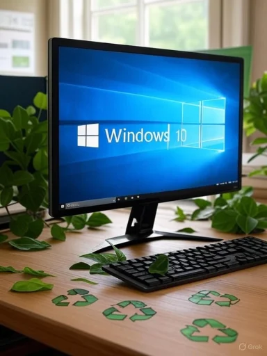 A computer monitor displaying Windows 10 with a keyboard and green recycling symbols on a wooden desk surrounded by green leaves.