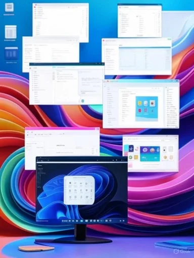 Multiple overlapping application windows displayed on a colorful abstract background desktop screen.