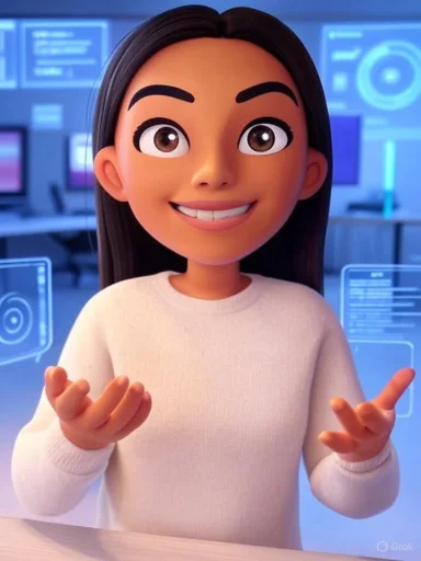 Animated girl with long dark hair smiling in a futuristic control room with holographic interfaces around her.