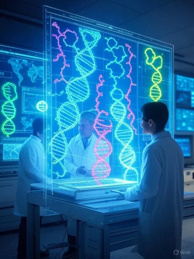 Scientists analyze DNA sequences displayed on a holographic digital interface in a high-tech lab. Scientists analyze DNA sequences displayed on a holographic digital interface in a high-tech lab.