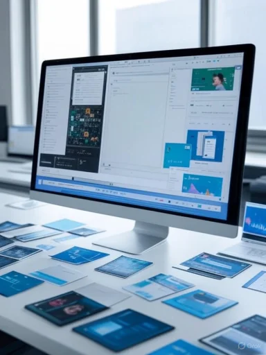 A computer monitor displays a digital workspace with various app windows, surrounded by multiple printed digital screens and sketches on a desk.