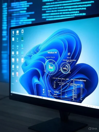 A computer monitor displays a futuristic, digital interface with blue swirling graphics and data, in front of a code-filled background. A computer monitor displays a futuristic, digital interface with blue swirling graphics and data, in front of a code-filled background.