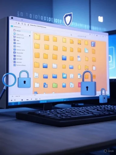 Computer screen displaying folders with digital security icons and padlocks, symbolizing cybersecurity and data protection. Computer screen displaying folders with digital security icons and padlocks, symbolizing cybersecurity and data protection.