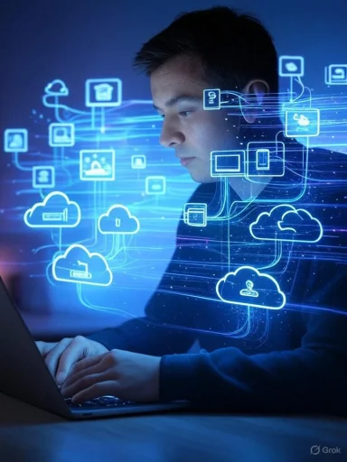 A person working on a laptop with digital cloud and data transfer icons overlayed, illustrating cloud computing and data management.
