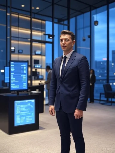A man in a blue suit stands in an airport terminal, with large glass windows and digital flight information screens behind him.
