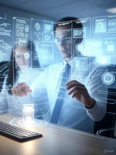 A man in glasses and a suit interacts with futuristic holographic technology in a high-tech workspace.