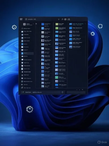 A computer screen displaying a dark-themed file explorer window against a blue abstract background.