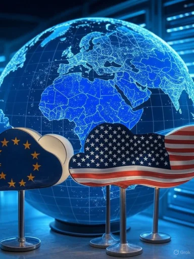 A digital globe of Europe, Africa, and the Middle East with clouds shaped like American and European flags in front.