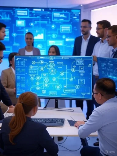 A team of professionals analyzes a large digital dashboard displaying complex data and flowcharts in a high-tech office. A team of professionals analyzes a large digital dashboard displaying complex data and flowcharts in a high-tech office.