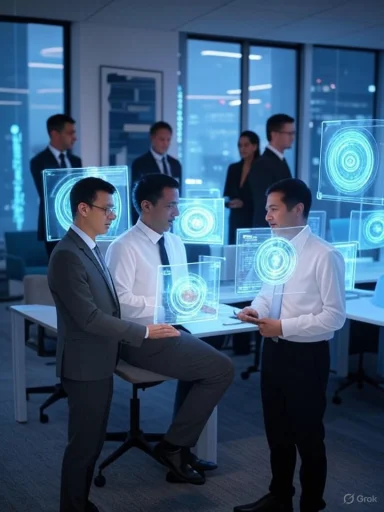 Business professionals analyze futuristic holographic data displays in a modern office setting.