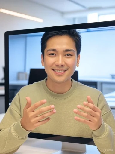 A person appears to be emerging from a computer monitor, symbolizing virtual interaction or digital connection.