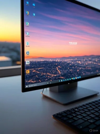 A sleek computer monitor displays a colorful sunset sky over a cityscape, with a keyboard in the foreground.