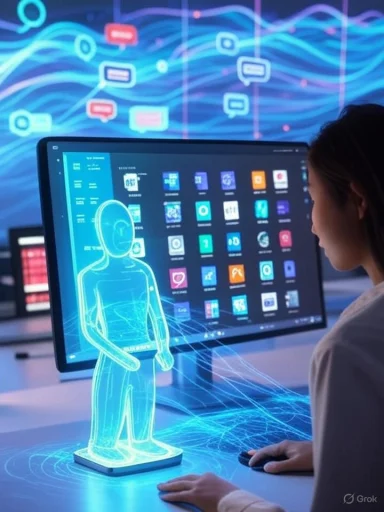 A woman interacts with a holographic digital human model in a high-tech virtual workspace.