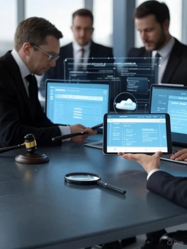 Business meeting analyzing digital data with tablets, monitors, and a gavel in a corporate office setting.