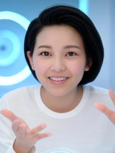 A smiling woman with short black hair in a white shirt gestures towards the camera in a brightly lit, modern setting.