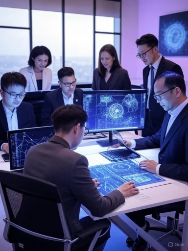 Business professionals analyze digital blueprints and data in a high-tech conference room. Business professionals analyze digital blueprints and data in a high-tech conference room.