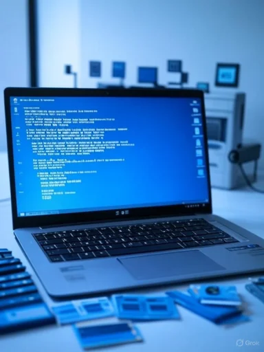 A laptop displaying blue screen code, surrounded by electronic components and vintage computer screens in a tech workspace. A laptop displaying blue screen code, surrounded by electronic components and vintage computer screens in a tech workspace.