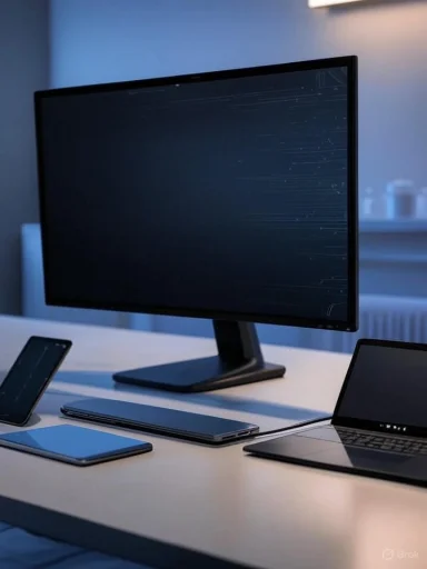 A workspace with a large monitor, a laptop, a tablet, and a smartphone on a white desk. A workspace with a large monitor, a laptop, a tablet, and a smartphone on a white desk.