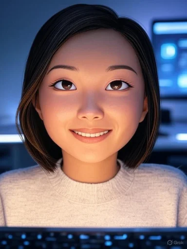 A young woman with shoulder-length dark hair smiling at a computer screen in a tech-focused environment.