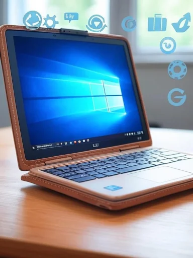 A laptop with Windows OS surrounded by floating tech icons, implying software or technology themes.