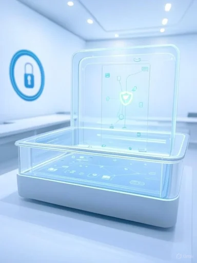 A futuristic, holographic display of a smartphone with security icons in a sleek, modern setting.