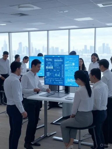 A group of professionals in an office present data analysis on large digital screens during a meeting.
