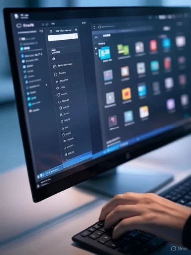 Person working on a computer with a dark-themed graphic design or file management software open on screen.