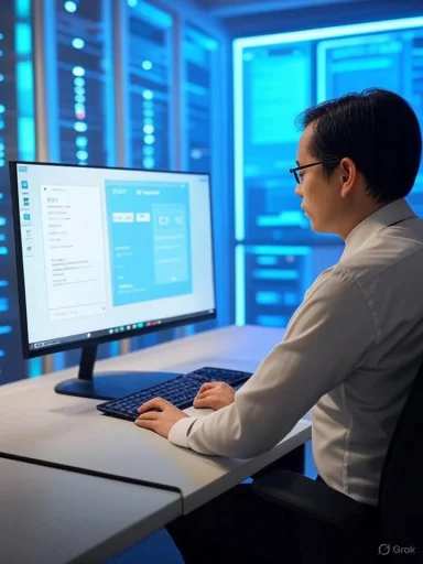 A man works at a desk in a high-tech server room with blue lighting, using a computer displaying a software interface.