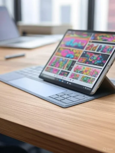 A tablet displaying colorful images is placed on a keyboard case on a wooden desk near a window.