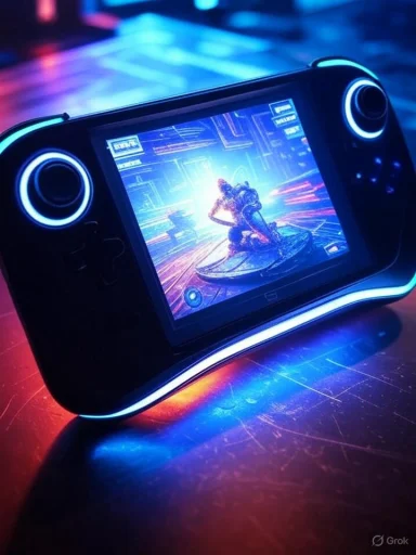 A handheld gaming device displays a futuristic sci-fi game with neon lighting effects.