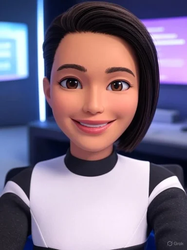 A smiling animated woman with short black hair in a modern tech office setting. A smiling animated woman with short black hair in a modern tech office setting.
