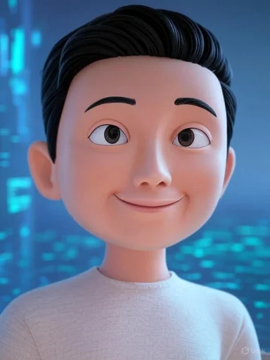Animated character with black hair, big eyes, and a friendly smile, set against a digital cityscape background.