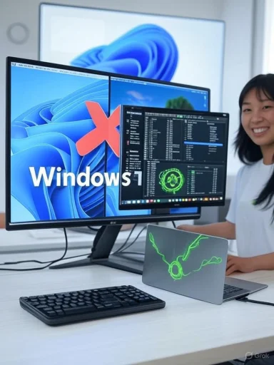 A woman works on a dual-monitor setup with a Windows 11 desktop, a laptop with green digital graphics, and a wireless keyboard.