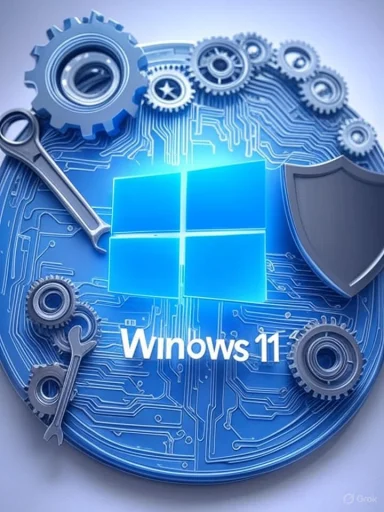 A digital illustration of Windows 11 with gears, a wrench, and a shield symbol, emphasizing system tools and security.