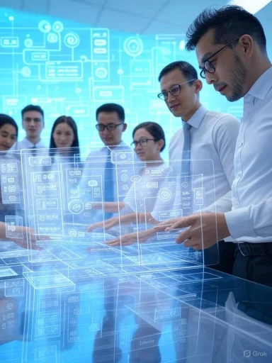 Team of professionals exploring a futuristic transparent digital interface in a high-tech environment.