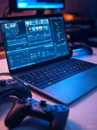 A gaming setup with a laptop displaying a video editing software and two game controllers on a desk in a dimly lit room.