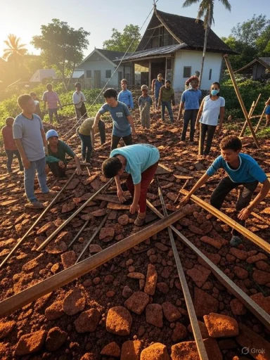 Group of children working together to build a foundational structure on rocky ground near houses. Group of children working together to build a foundational structure on rocky ground near houses.
