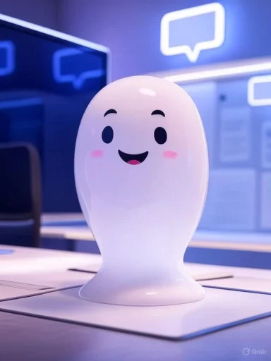A cute, smiling, cartoon-like egg-shaped robot with rosy cheeks and large eyes in a modern tech setting.