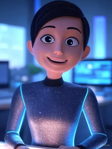 A friendly animated character with a galaxy-themed suit stands in a tech environment, smiling warmly.