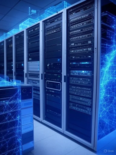 Data center servers with digital blue holographic network overlays in a secure, high-tech environment.