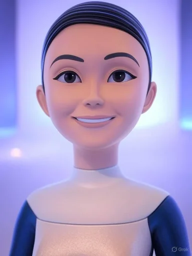 A smiling animated female robot with short dark hair and a futuristic background.