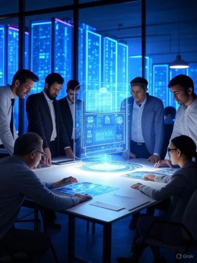 Team of professionals analyzing holographic and digital data projections in a high-tech conference room.