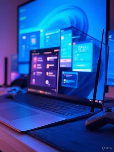 A laptop with a stylus and a game controller in front of a large screen showing multiple app windows, all illuminated by blue and purple lighting. A laptop with a stylus and a game controller in front of a large screen showing multiple app windows, all illuminated by blue and purple lighting.