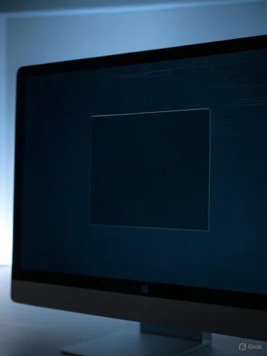 A dark computer screen displays a centered, empty square outline on a sleek, modern monitor.