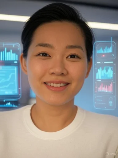A smiling woman in a futuristic setting with holographic data displays around her.